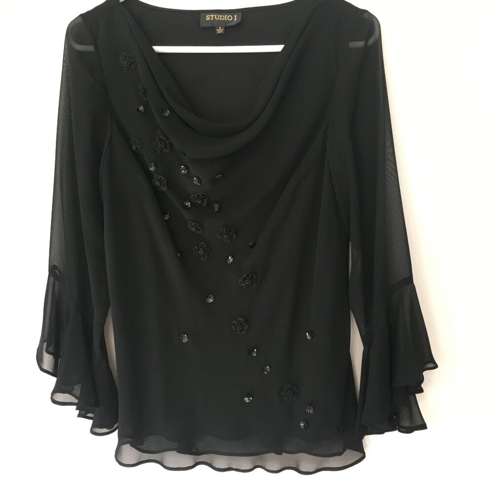 Womens' Formal Black Ruffled Sheer Sleeve Top Sequins  Size 8 Studio I